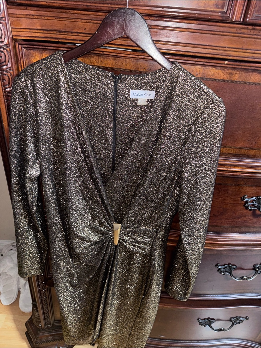 Calvin Klein Glittering Gold Long-Sleeve Twist Front Dress
